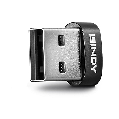 Une clé USB avec un corps en métal, un boîtier noir et les lettres blanches "LINDY".