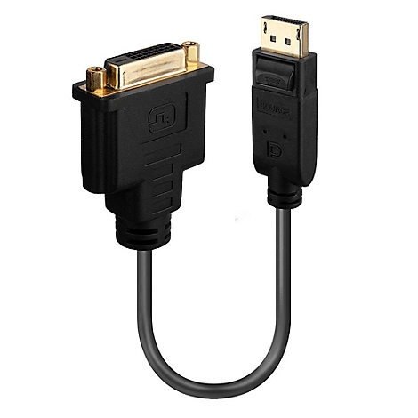 Adaptateur DVI vers DisplayPort noir. L'extrémité DVI est dorée, l'extrémité DisplayPort porte l'inscription "Source".