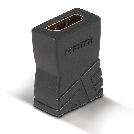 Adaptateur HDMI rectangulaire noir, avec connecteur intérieur doré et lettrage HDMI.