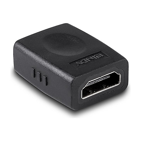 Adaptateur HDMI noir avec logo LINDY. Une extrémité est une prise femelle, l'autre une fiche.