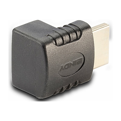 Adaptateur HDMI coudé noir. Le connecteur HDMI est de couleur or.