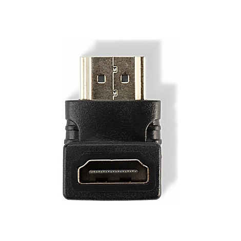 Adaptateur HDMI noir, contacts plaqués or, sur fond blanc.