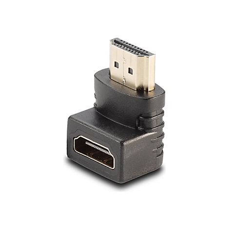 Adaptateur HDMI noir en forme de L, connecteur doré, fond blanc.