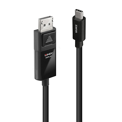 Schwarzes LINDY DisplayPort-zu-USB-C-Kabel, Stecker-Anschlüsse, Text "SOURCE".