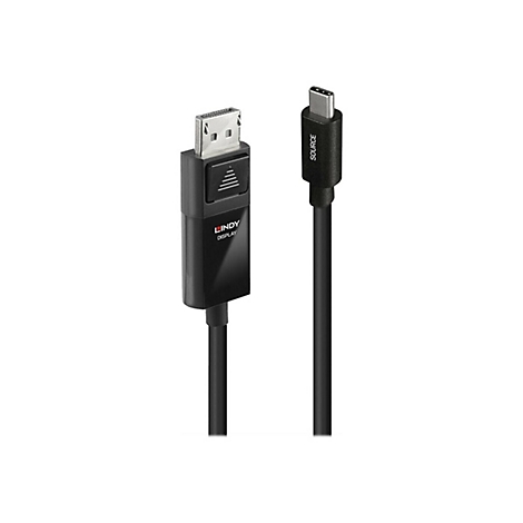 Schwarzes LINDY DisplayPort-auf-USB-C-Kabel; eine Seite ist mit DisplayPort, die andere mit USB-C gekennzeichnet.