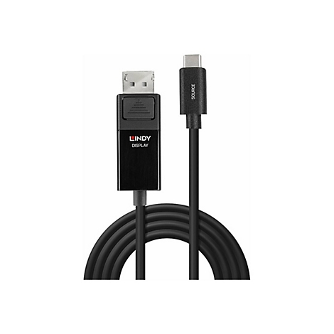 Schwarzes LINDY DisplayPort-auf-USB-C-Kabel, gewellt. Am USB-C-Anschluss steht "SOURCE".