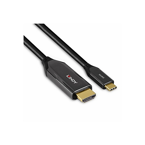 Schwarzes HDMI-Kabel mit USB-C-Stecker. Auf dem Stecker steht "SOURCE". Das Kabel trägt den Aufdruck "LINDY".