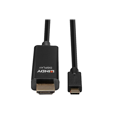Schwarzes HDMI-Kabel mit USB-C-Anschluss, Herstellerlogo LINDY DISPLAY.