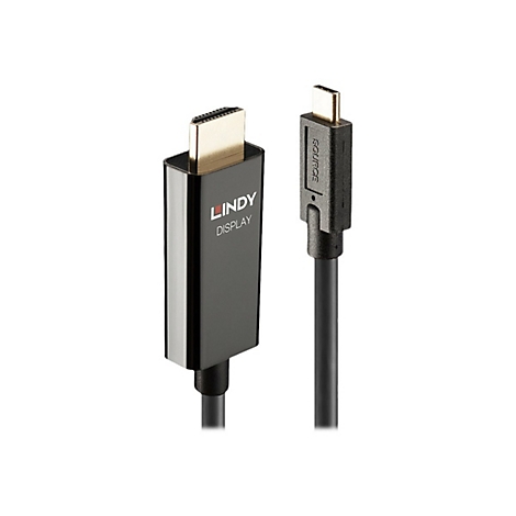 Ein schwarzes HDMI-Kabel mit einem USB-C-Anschluss. Auf dem HDMI-Anschluss steht 'LINDY DISPLAY'.