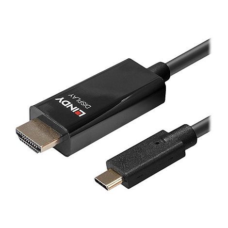 Ein schwarzes LINDY Display-Kabel, mit HDMI- und USB-C-Anschlüssen, auf weißem Hintergrund.