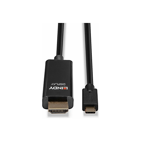 Schwarzes LINDY-Kabel mit HDMI- und USB-C-Anschlüssen. Auf dem Gehäuse steht 'DISPLAY'.