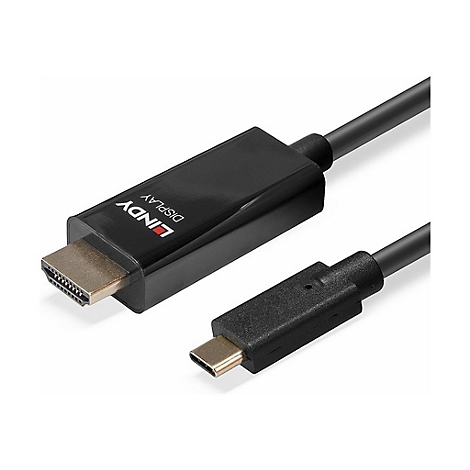 Ein schwarzes LINDY Display-Kabel, mit HDMI- und USB-C-Anschluss, liegt vor hellem Hintergrund.