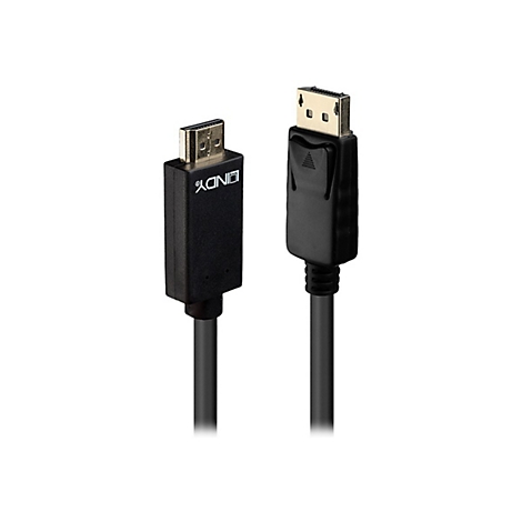 Zwei schwarze HDMI- und DisplayPort-Kabel. Auf dem HDMI-Stecker steht in Weiß „LINDY“. Beide Kabel haben einen grauen Hintergrund.