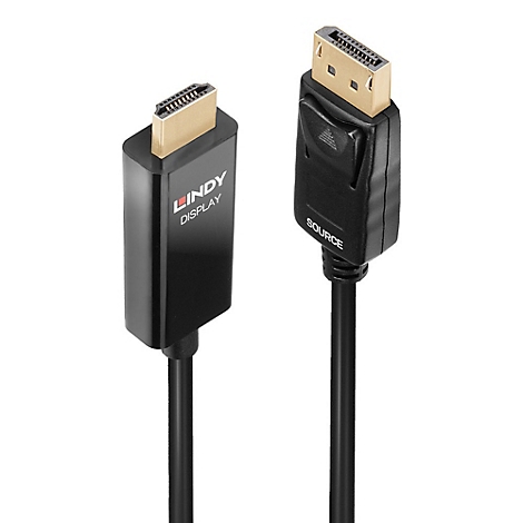 Schwarzes HDMI- und DisplayPort-Kabel auf weißem Hintergrund. Der DisplayPort-Stecker trägt die Aufschrift 'Source'.