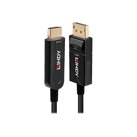 Schwarzes HDMI zu DisplayPort Kabel von Lindy. Der HDMI-Anschluss ist goldfarben, der DisplayPort-Anschluss hat einen schwarzen Knopf.