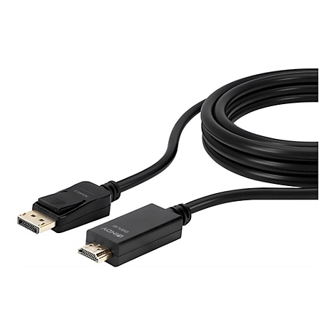 Schwarzes HDMI- und DisplayPort-Kabel. Aufschrift: "SOURCE", "DISPLAY".