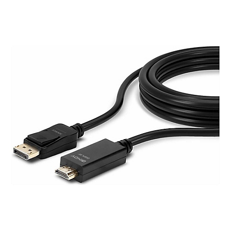 Schwarzes HDMI-auf-DisplayPort-Kabel mit Steckern, das in einer Schleife liegt.
