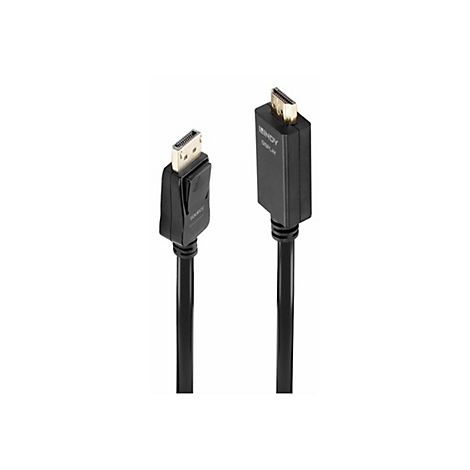 Zwei schwarze HDMI-Kabel mit Steckern in Nahaufnahme, eines mit DisplayPort-Anschluss, das andere mit HDMI. Auf einem steht LINDEY, DISPLAY.