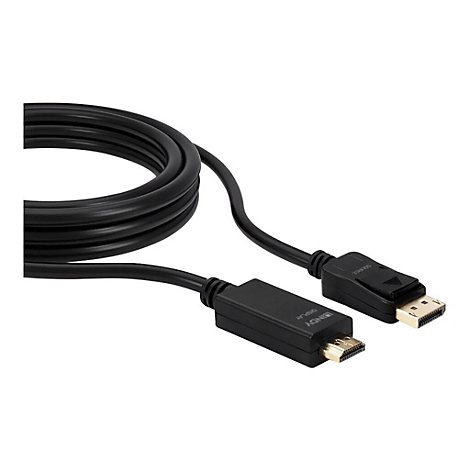 Ein schwarzes Lindy-Kabel, das DisplayPort- und HDMI-Anschlüsse besitzt.