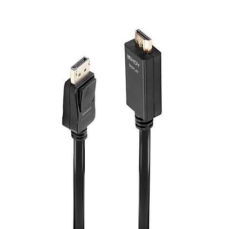 Zwei schwarze HDMI-Kabel mit Steckern in Gold und Texten wie 'SOURCE' und 'LINDY DISPLAY'.