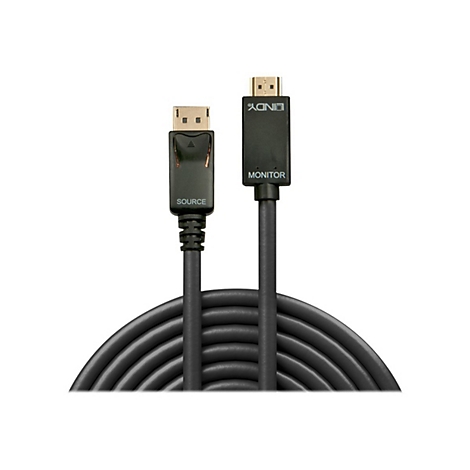 Schwarzes HDMI- und DisplayPort-Kabel; Beschriftungen: Quelle, Monitor, LINDY.