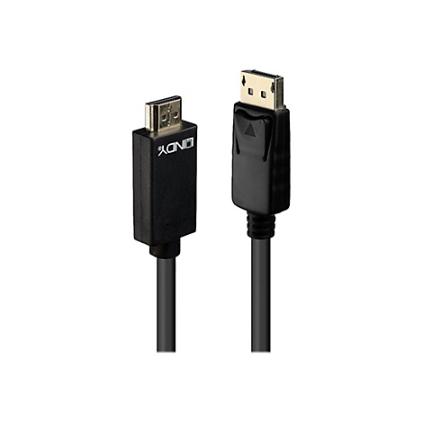 Schwarzes LINDY-Kabel mit HDMI- und DisplayPort-Steckern. Die Stecker sind goldfarben, das Kabel ist schwarz.
