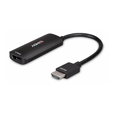 Schwarzer Adapter mit HDMI und USB-C Anschlüssen. Der Adapter hat das LINDY Logo und die Beschriftungen DISPLAY und SOURCE.