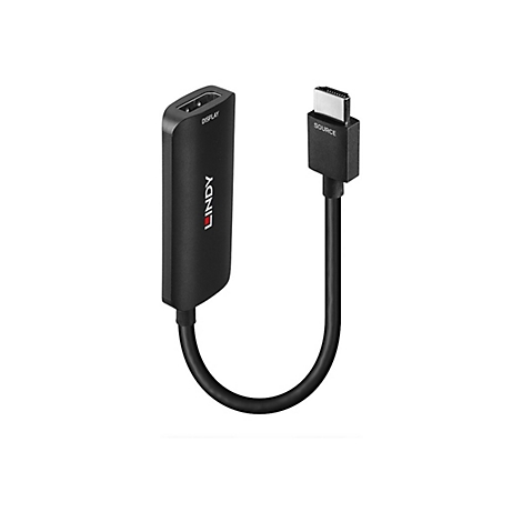 Schwarzer Lindy-HDMI-Adapter mit Display- und Source-Kennzeichnungen. U-förmiges Kabel verbindet die Stecker.