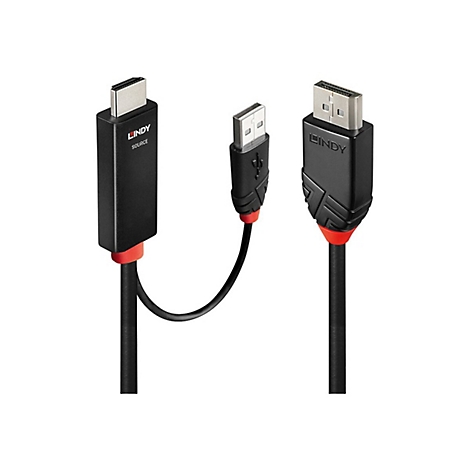 Drei schwarze Kabel, verbunden mit USB-A, USB-C und DisplayPort. Alle haben rote Akzente und sind auf weißem Hintergrund.