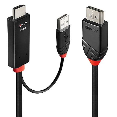 Schwarze Lindy-Adapterkabel mit roten Akzenten. Ein HDMI-Adapter, ein USB-Adapter und ein DisplayPort-Adapter sind abgebildet.