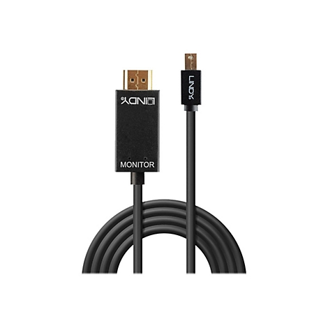 Ein schwarzes LINDY-Kabel mit Monitoranschluss, Schriftzug MONITOR, und Micro-USB-Anschluss.