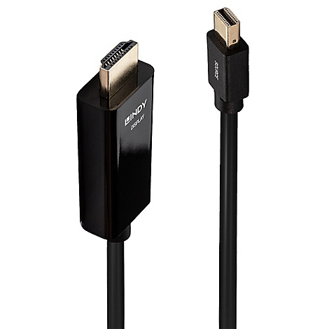Ein schwarzes HDMI-Kabel mit Steckern an beiden Enden. Auf einem Stecker steht "LINDY DISPLAY".