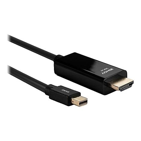 Ein schwarzes HDMI-zu-Mini-DisplayPort-Kabel. Auf dem HDMI-Stecker steht "LINDY DISPLAY", auf dem anderen "SOURCE".