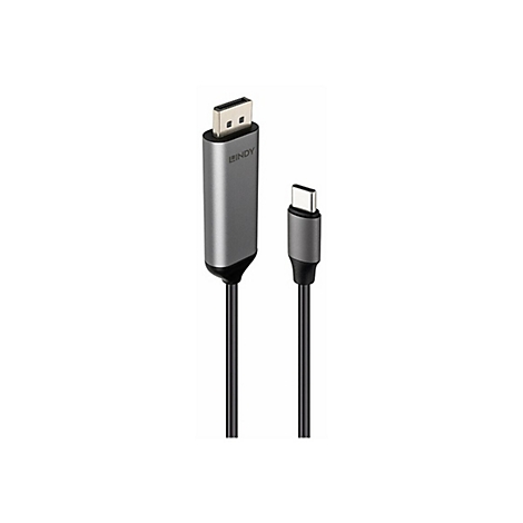 Grauer USB-C-auf-DisplayPort-Adapterkabel, schwarz-grau gehalten, auf weißem Hintergrund.
