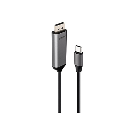 Grauer Adapter mit DisplayPort- und USB-C-Anschluss, schwarzes Kabel, weißer Hintergrund.