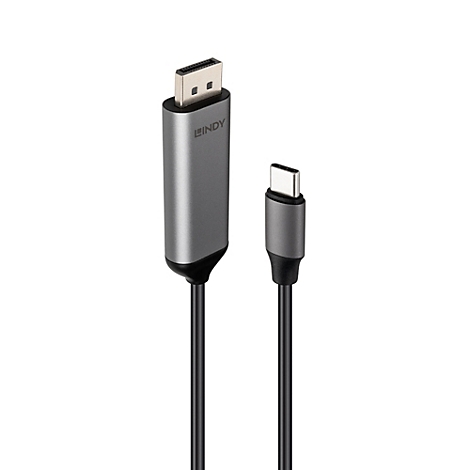 Grauer DisplayPort-zu-USB-C-Adapter mit schwarzem Kabel auf weißem Hintergrund.