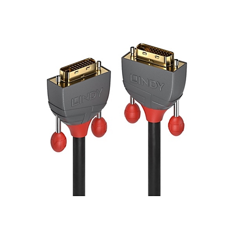 Zwei DVI-Kabel mit grauen und roten Anschlüssen. Der Schriftzug "LINDY" ist auf den Anschlüssen zu sehen.