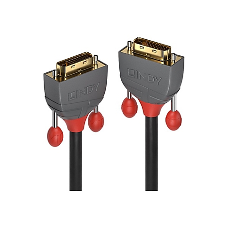 Zwei DVI-Kabel nebeneinander, grau mit roter Akzentfarbe, Kugelbefestigungen, goldfarbene Stecker. Aufgedruckter Schriftzug LINDY.