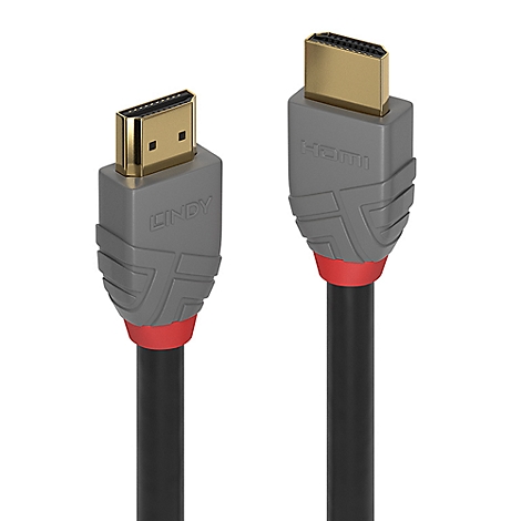 Zwei HDMI-Kabel nebeneinander. Grau und Rot akzentuierte Anschlüsse mit goldfarbenen Kontakten, das Lindy-Logo ist zu sehen.