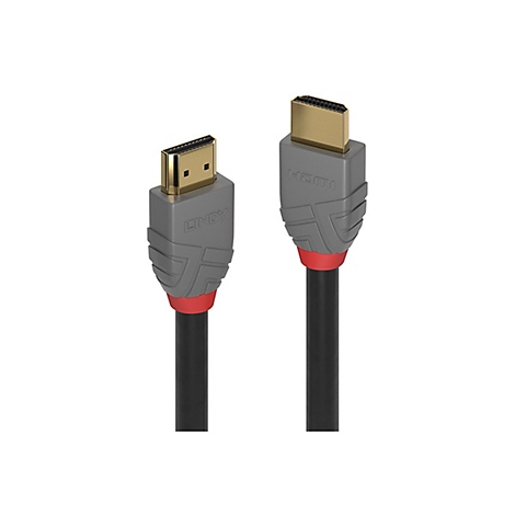 Zwei HDMI-Kabel, graue Stecker mit rotem Ring und schwarzes Kabel. Der Stecker ist mit HDMI und LINDY beschriftet.