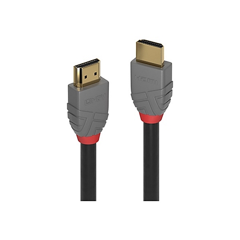Zwei HDMI-Kabel nebeneinander: Graue Gehäuse mit roten Akzenten, schwarze Kabel. Auf einem steht "LINDY".
