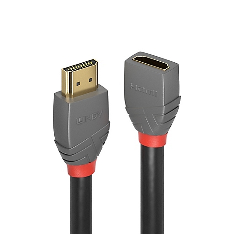 Ein graues HDMI-Kabel mit roten Akzenten. Der Stecker ist goldfarben, das Kabel schwarz.