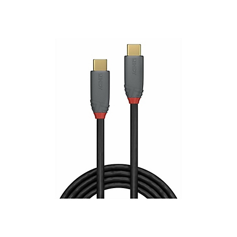 Zwei schwarze USB-C-Kabel nebeneinander; graue Stecker mit rotem Akzent, LINDY-Logo.