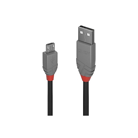 Zwei USB-Kabel, ein Micro-USB- und ein USB-A-Stecker, grau mit roten Akzenten und schwarzen Kabeln, vor weißem Hintergrund.
