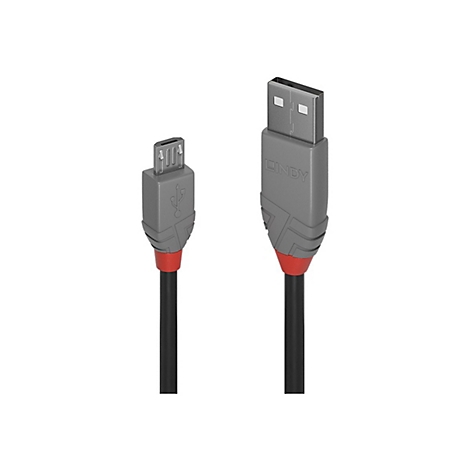 Graues USB-Kabel mit roten Akzenten und schwarzen Kabeln, zwei Enden mit verschiedenen Steckern. Auf einem Stecker steht "LINDY".