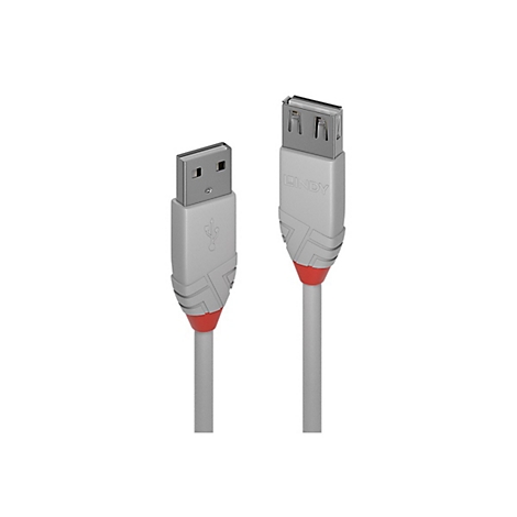 Zwei USB-Kabel, grau und rot, vor weißem Hintergrund. Eines ist ein USB-A-Stecker, das andere USB-B, mit dem Schriftzug "LINDY".