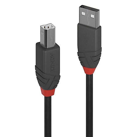 Schwarzes USB-Kabel von LINDY, roter Akzent am Stecker. USB-A- und USB-B-Anschlüsse.