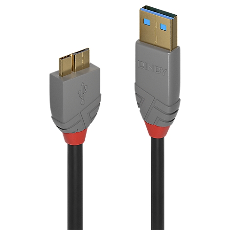 Ein USB-Kabel von LINDY, graue Stecker, goldene Kontakte, roter Akzent am Kabelansatz, schwarzes Kabel.