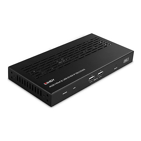 Schwarzer Lindy 4K30 HDMI & USB over IP Decoder mit Lüftungsschlitzen und Anschlüssen.