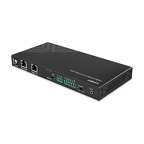 Schwarzer Lindy Video Over IP Controller. Anschlüsse wie DC 12V, Video Langpod und Control LAN.
